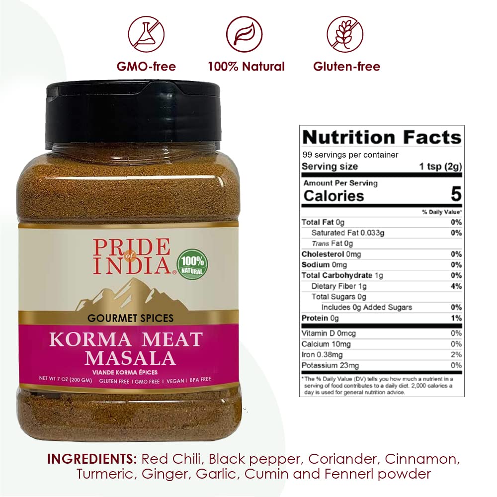 Pride of India - PACK of 6 - Korma Meat Masala Mix – Ideal for Traditional Meat/Lamb Curry – Gourmet & Flavorful – Seasoning Spice Blend – 7 oz. Medium Dual Sifter Jar