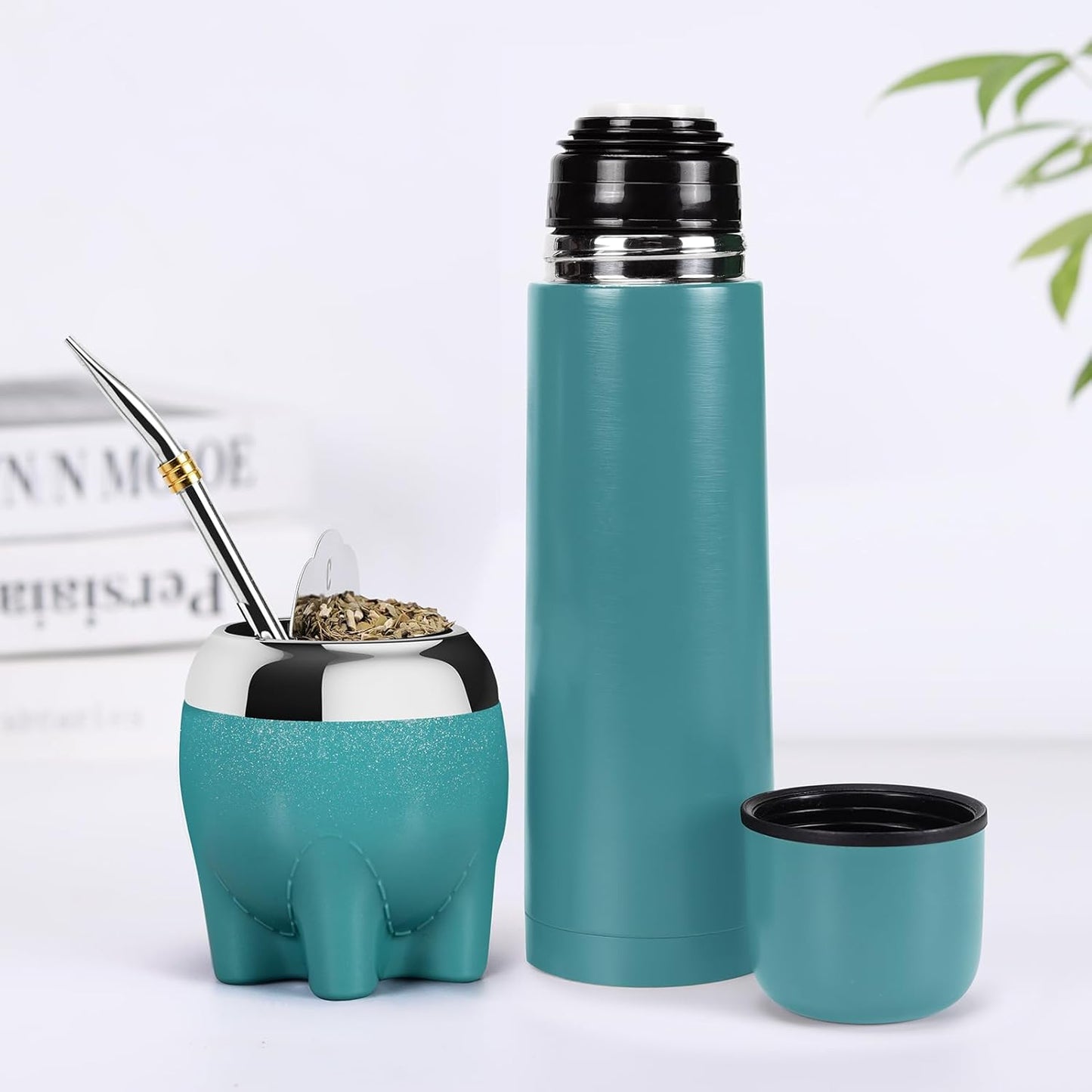 Premium Yerba Mate Cup 5 in 1 Set, Including Stainless Steel Gourd (Glitter Stars, Cute Elephant Style) Bombilla Straw, and Tea Shaper Set, 5.4oz, Gift for Women Drinking Coffee Tea Water