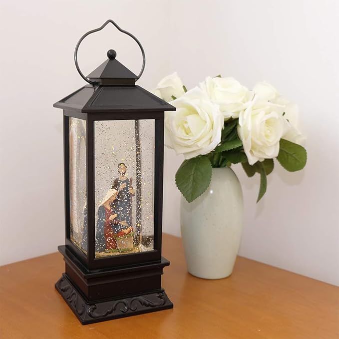 Eldnacele Musical Snow Globe Lantern Lighted Lamp USB Lined in Swirling Glitter Water Lantern Lamp Christmas Nativity Decoration Hurrican Light Timer 12" (Nativity)