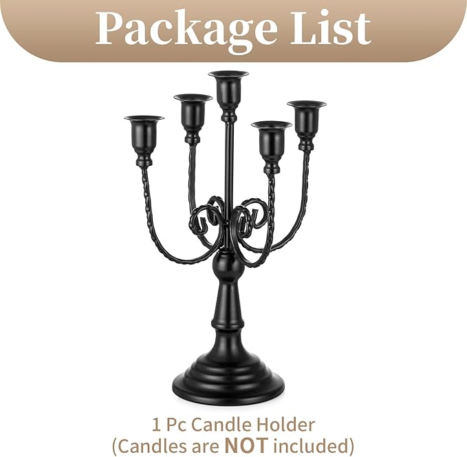 Sziqiqi Candelabra Black Candle Holders - 5 Arms Candlestick Centerpiece for Tables Vintage Candleholder Stand for Halloween Thanksgiving Decor