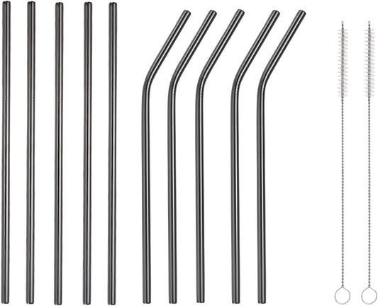 10 Pcs Stainless Steel Straws, Reusable Drinking Straws, 5 Straight + 5 Bent Metal Straws Set With 2 Pcs Cleaning Brushes (Black, 8.5 Inch)