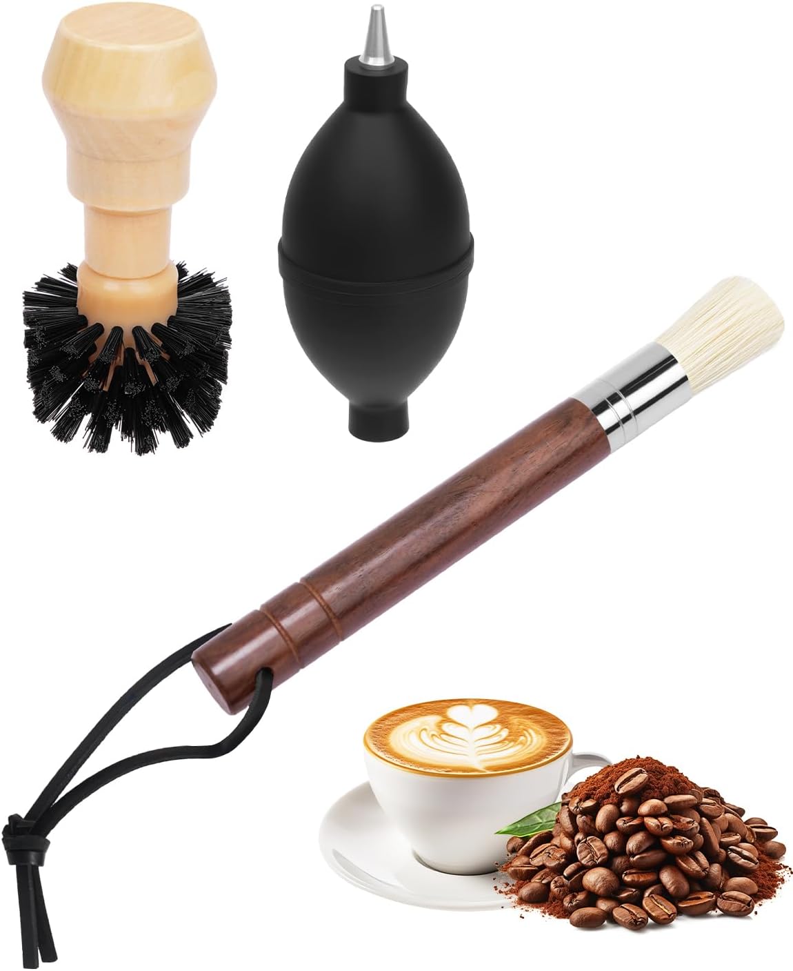 3 Pcs Portafilter Espresso Kit – Ebony Bristle Coffee Brush, Coffee Grinder Brush & Air Blower – Espresso Tool Kit for Machine, Grinder, Countertop