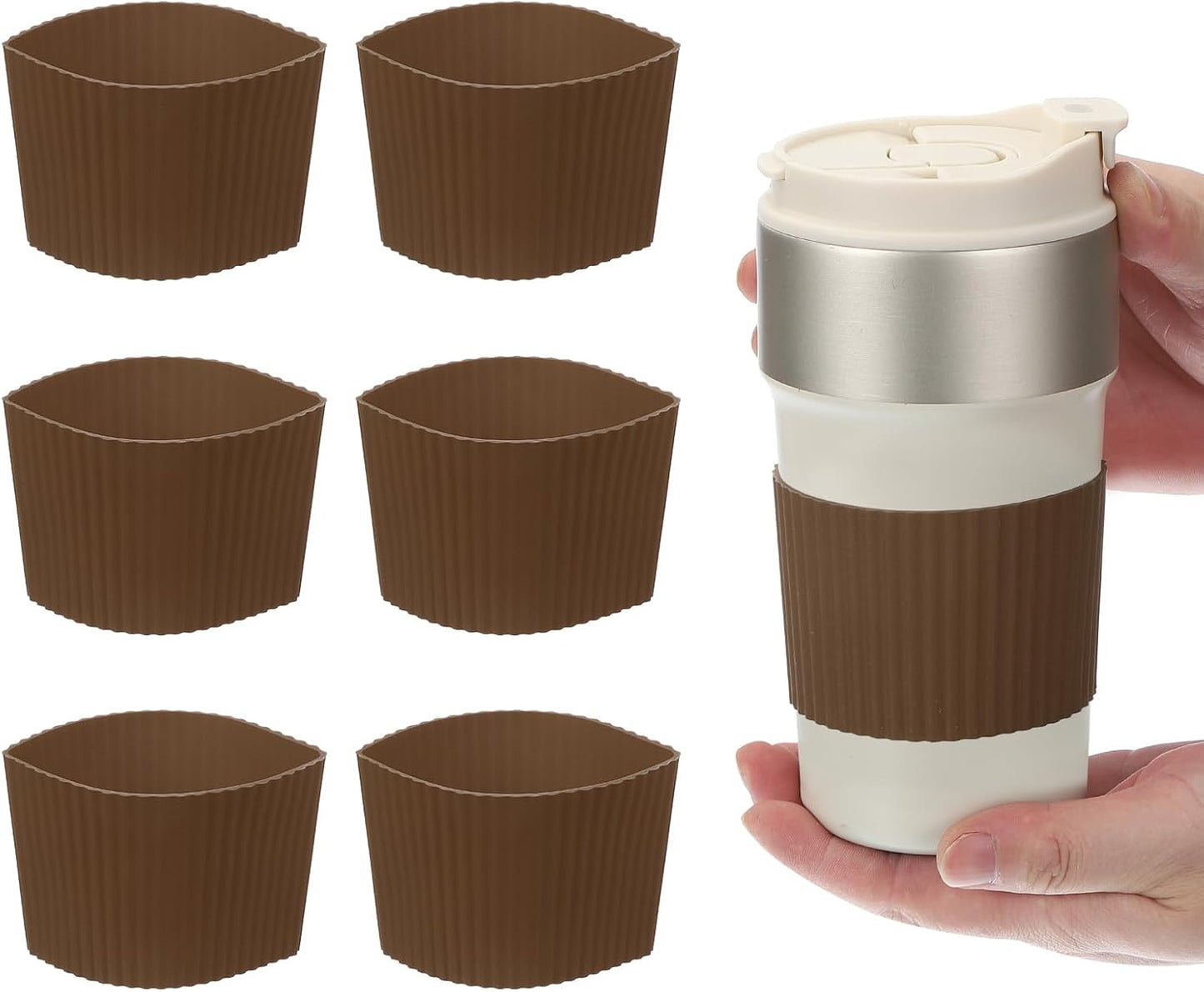 uxcell 6Pack Coffee Cup Sleeves, Reusable Silicone Heat Resistant Cups Protective Sleeve Nonslip Mug Protector Cover for Home Travel Mugs Glasses Water Bottle Boots, Coffee-colored