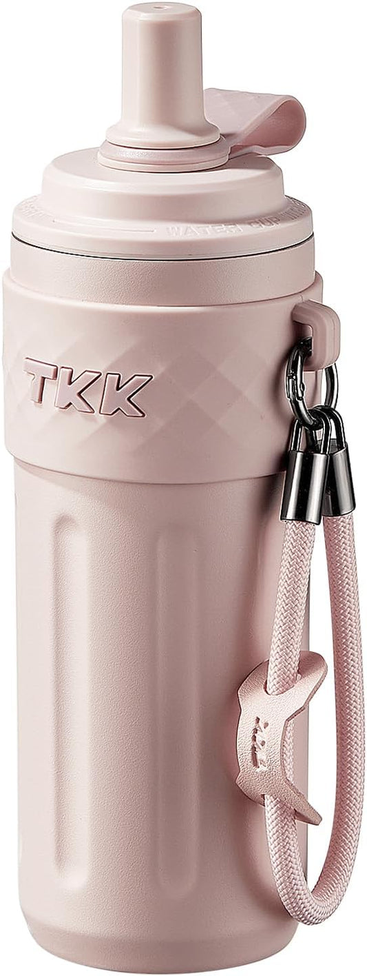 TKK 17 OZ Travel Tumbler Ceramic Lining with Straw Lid, Stainless Steel Vacuum Insulated Double Wall Coffee Tumbler, Leak Proof Iced Water Bottle with Carry Strap for Hot & Cold Drinks, Pink