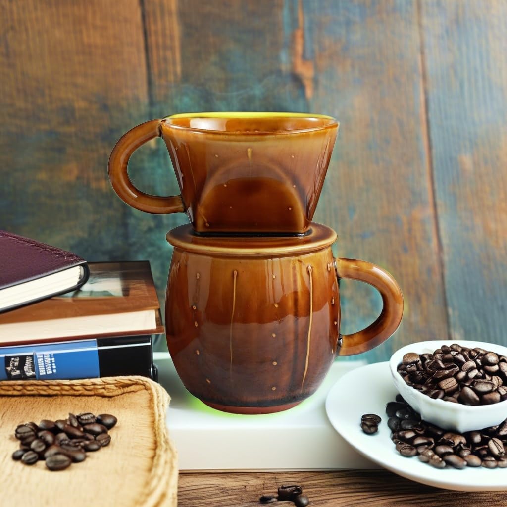 Asayu Japan Ceramic Coffee Pour Over Maker Set in Caramel, Slow Brewing Paper Filter Holder and Dripper with 3 Holes for Coffee and Tea (Complete 2PCS Set)