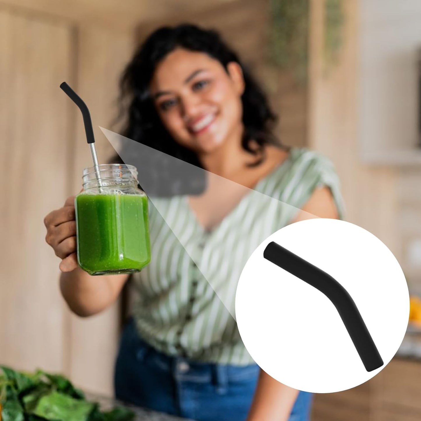 6pcs Food-Grade Silicone Metal Straw Tips, Reusable Flex Elbow Straws Cover Replacement Tips, Soft Straw Toppers Kits for 8 mm Stainless Steel Metal Straws - Black