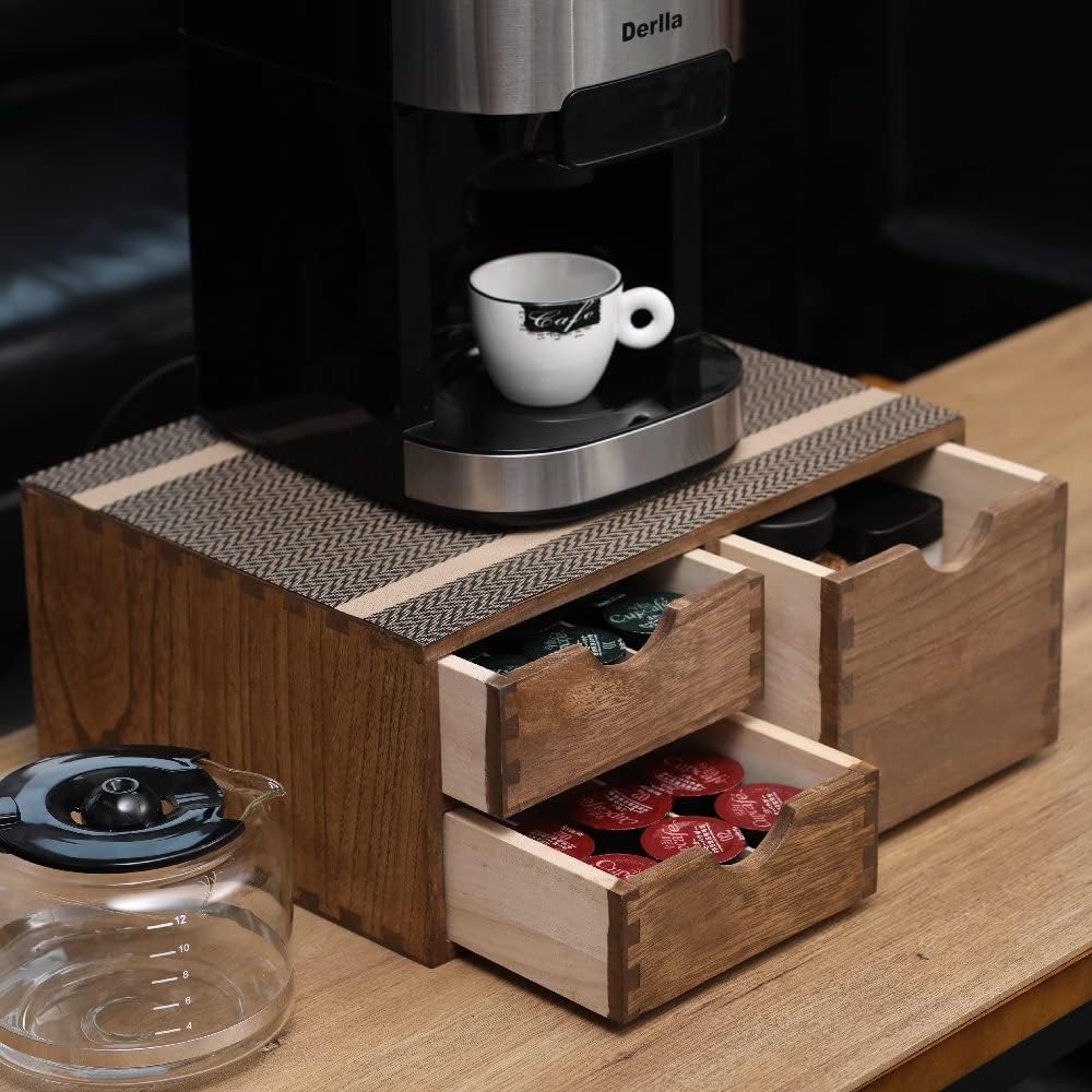 Coffee Pods Storage Drawer Holder for Capsules - Multi Functional Desk Organizer Drawers For K cups Coffee Maker Brew - Kitchen Mini Wooden Box Chest Sideboard Counter Organization CF2D3C Dark