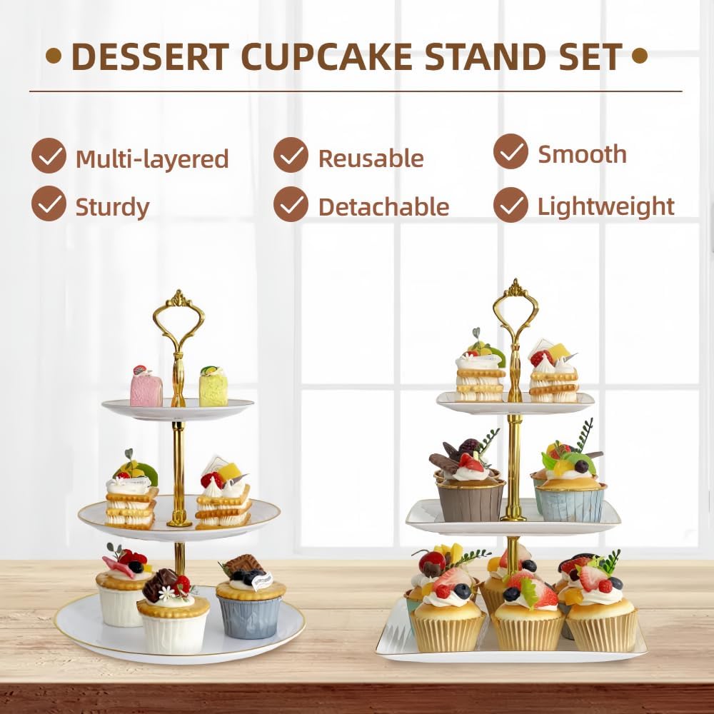RAUVOLFIA 5 Pcs Dessert Table Stand Set - 2 X 3 Tier Plastic Cupcake Display Stands Cookie Tray Rack Serving Tower & 3 Pcs Trays for Wedding Baby Shower Tea Party
