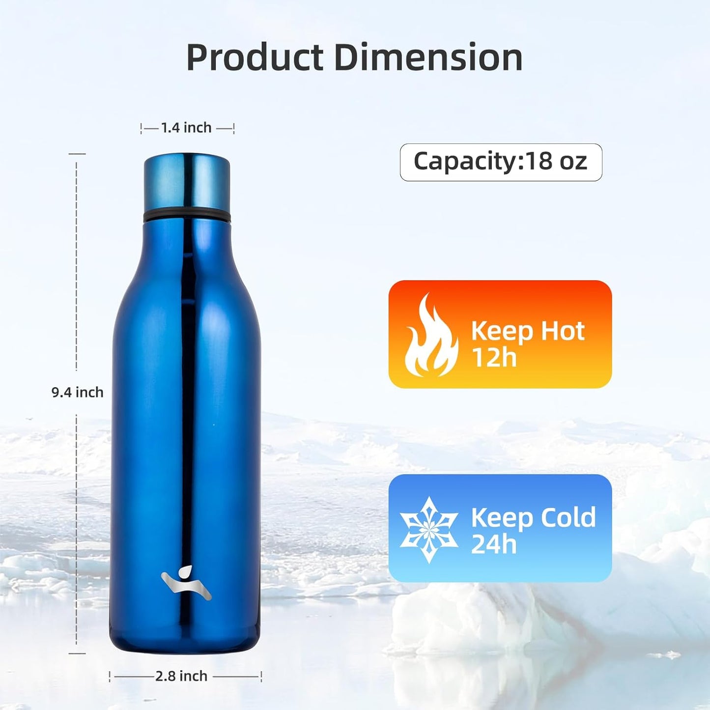 Insulated Water Bottle with Strap,18 oz Double Wall Stainless Steel Vacuum Bottles Metal Water Flask,Shining Blue
