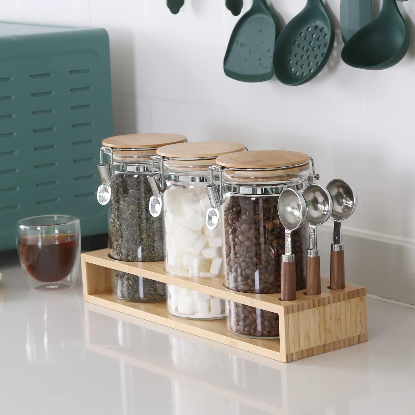KKC HOME ACCENTS Glass Canisters with Airtight Hinged Lids and Scoops,Sealed Glass Storage Jar Containers for Coffee Beans,Loose Leaf Tea,Sugar,Ground Coffee,Matcha,Bamboo Lid Airtight Jars