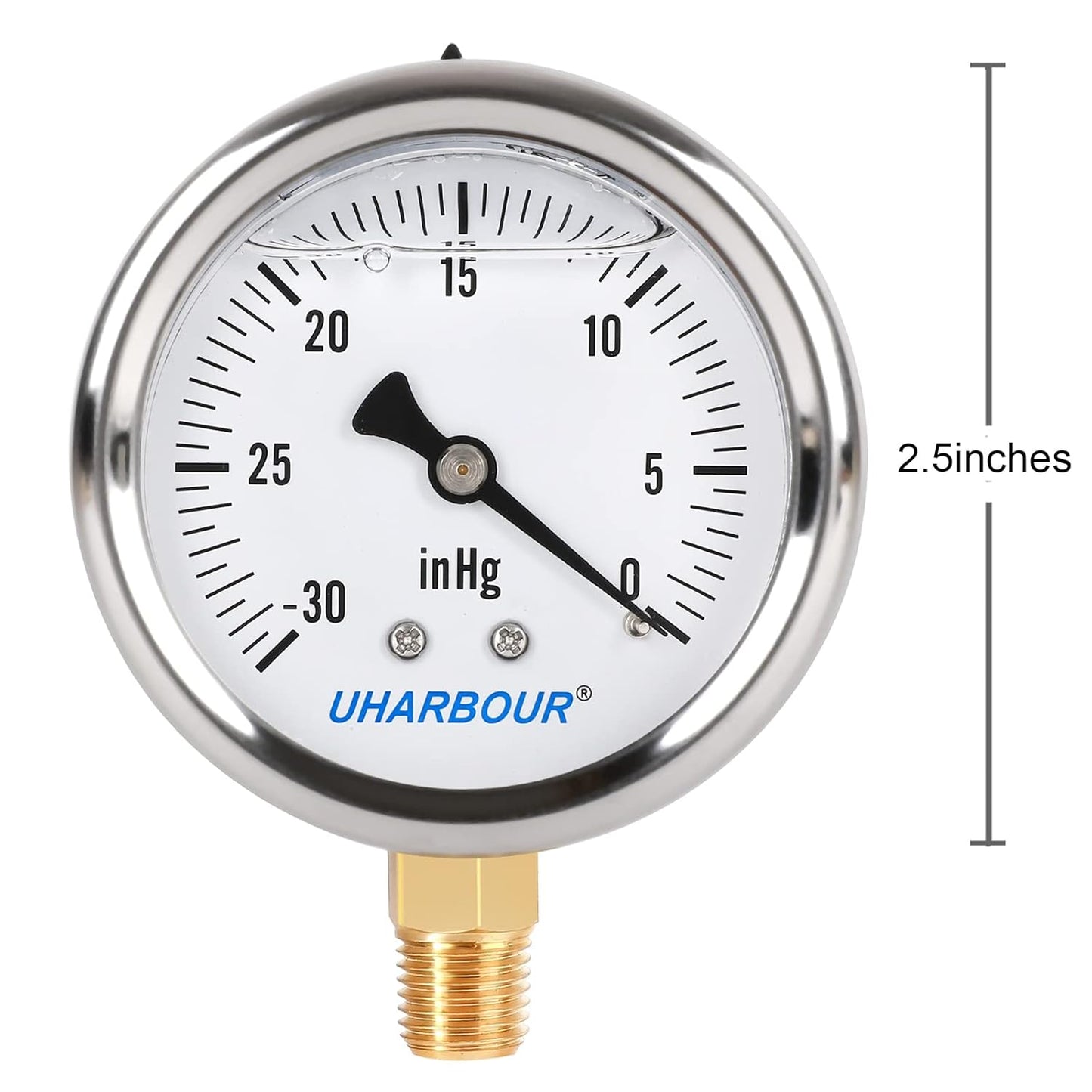 Glycerin Filled Pressure Gauge with 304 Stainless Steel Case, 2.5" Dial Size, 30InHg/0, High Accuracy, 1/4" NPT Center Lower Mount with Single Scale…