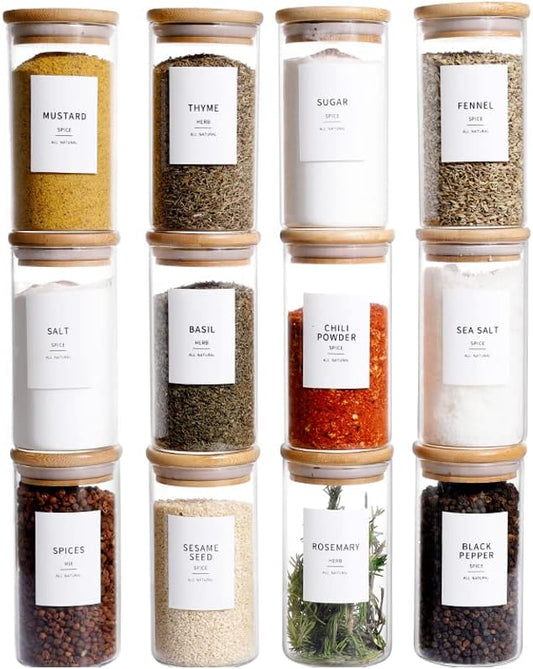 12 Pcs Glass Spice Jars With Bamboo Airtight Lids, 8oz Thicken(2.4mm) Spice Containers With 148 Minimalist Preprinted Waterproof Spice Labels, Kitchen Empty Small Storage Jars For Seasoning, Herb