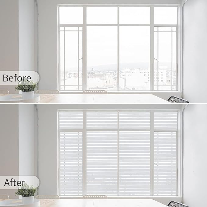 Window Privacy Film with Installation Tools,Stripe Window Film, Static Cling, Anti UV, Heat Control, Ideal for Home Shower Office Glass Door (Stripes Pattern, 45.2X157.4Inch)