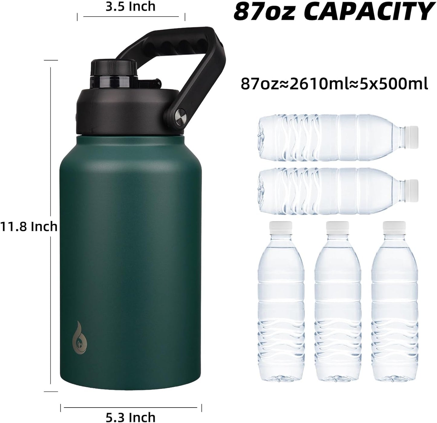 BJPKPK 87oz Insulated Water Bottle, Dishwasher Safe 2/3 Gallon Water Bottle with Ergonomic Handle, BPA Free Leak Proof Water Jug, Stainless Steel Metal Water Bottle with Anti-slip Bottom, Army Green