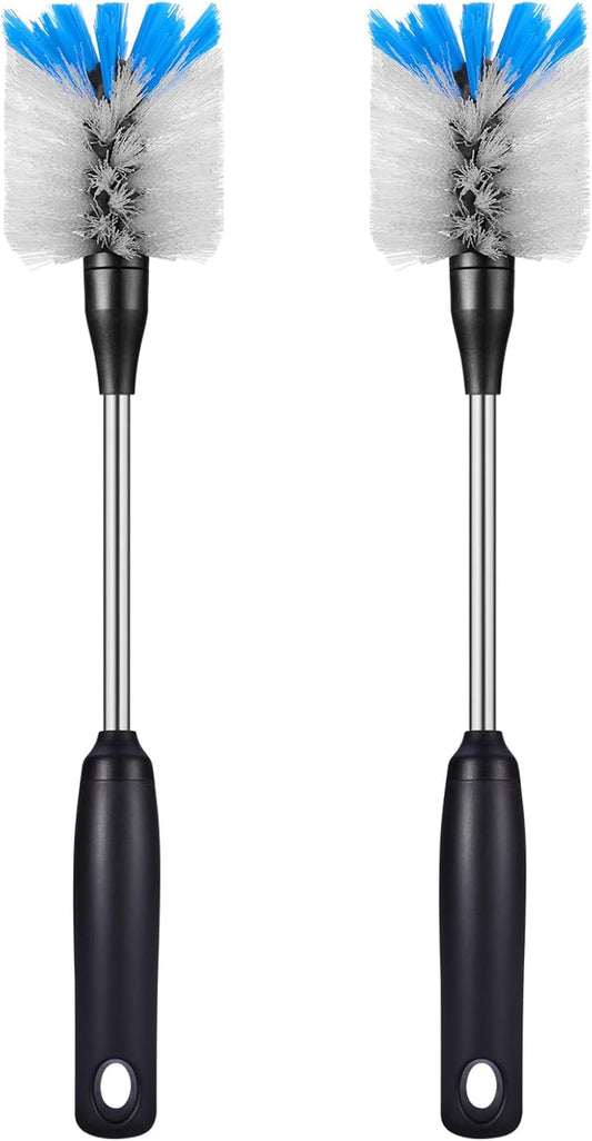 Stainless Steel Bottle Brush with Replaceable Head, 2 Pack Long Handle Scrubbing Brush for Water Bottles, Glasswares, Mugs, Flasks, Tumblers, Vases, and Kitchen Sink, 13 in