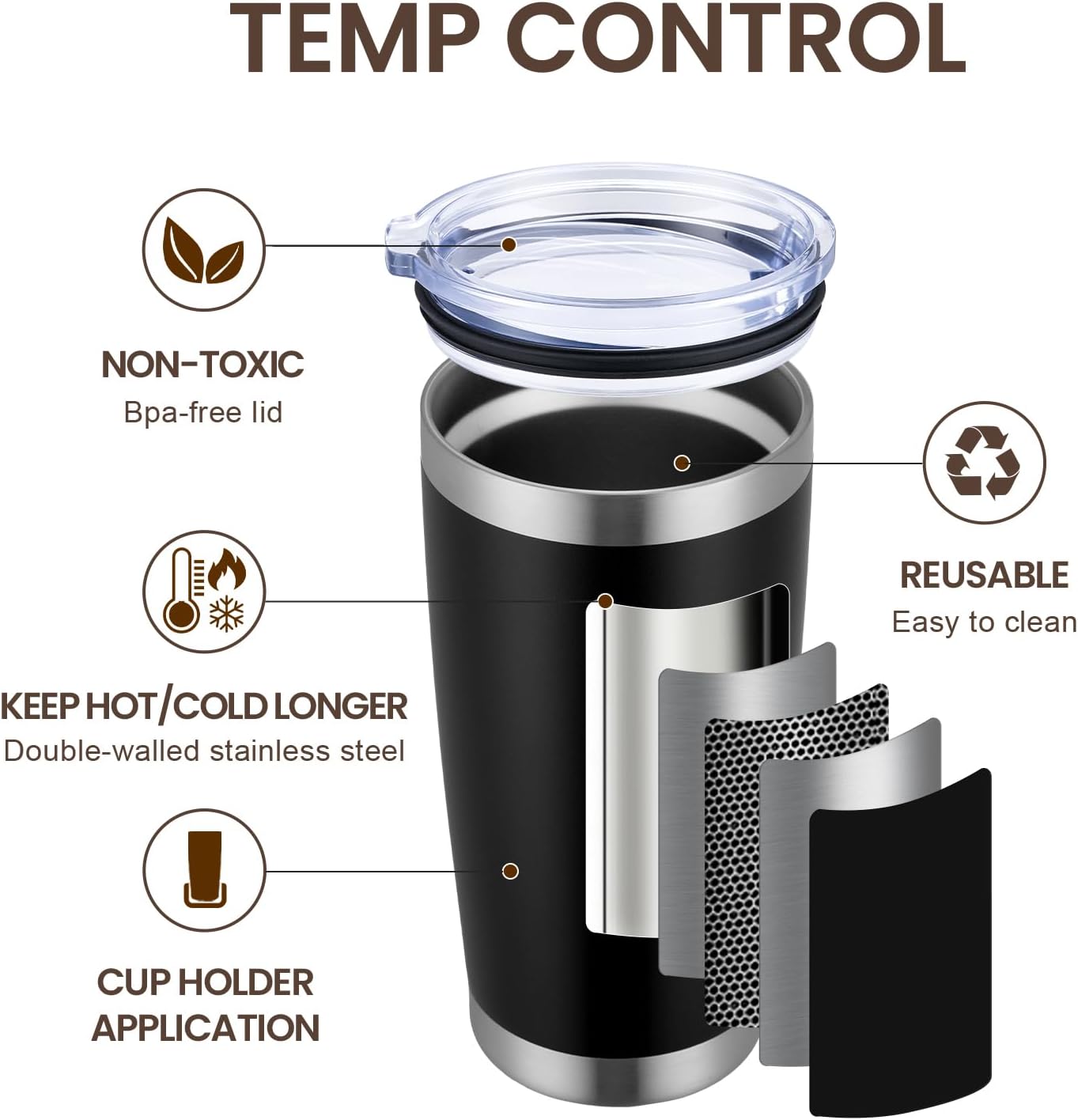 MEWAY 20oz Tumbler 12 Pack Double Wall Vacuum Insulated Travel Mug Bulk, Stainless Steel Tumblers with Lid and Straw, Durable Powder Coated Coffee Cups for Cold & Hot Drinks (Black, 12)