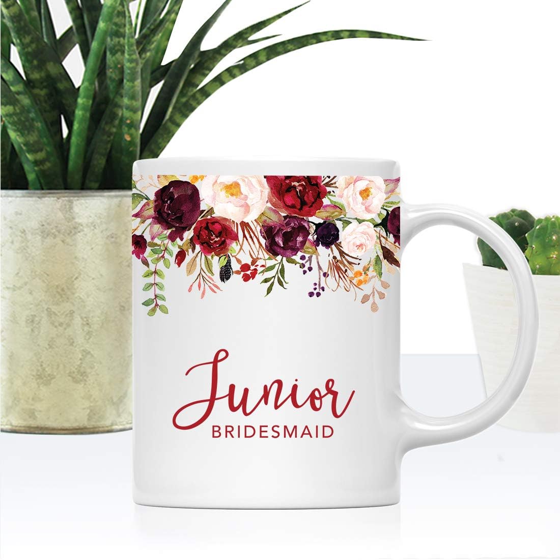 Andaz Press 11oz. Wedding Ceramic Coffee Tea Mug Gift, Fall Autumn Marsala Burgundy Flowers Roses Florals, Junior Bridesmaid, 1-Pack, Includes Gift Box