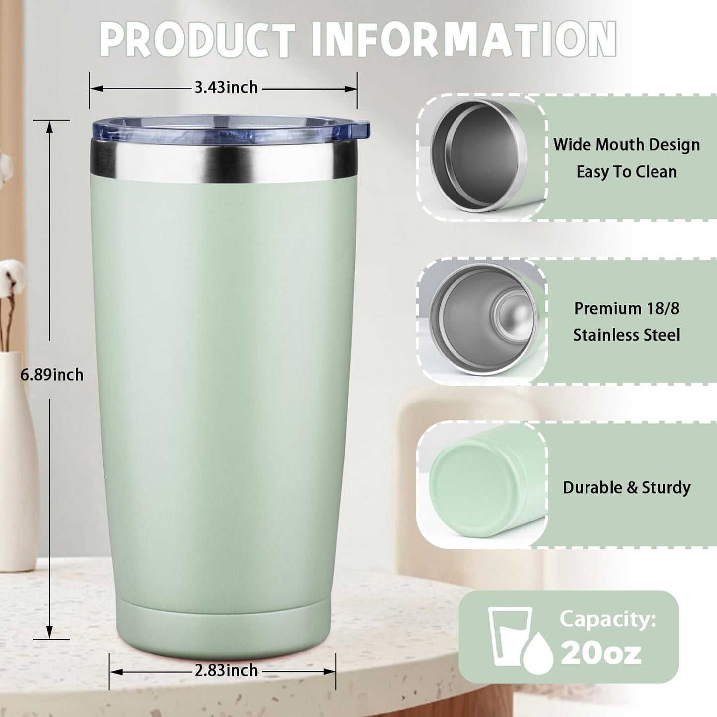 20 oz Tumbler with Lids and Straws, Stainless Steel Insulated Coffee Tumbler, Double Wall Vacuum Insulated Travel Mug Cup, Leakproof Thermal Coffee Cup for Hot and Cold Drinks (green tea)