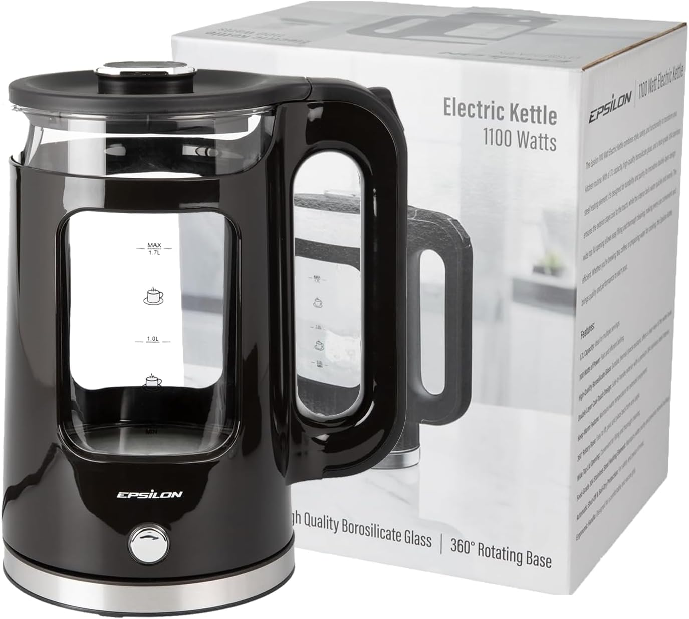 Epsilon 1.7L Glass Electric Kettle – Hot Water Tea Kettle with LED Light, Stainless Steel & Borosilicate Glass, Auto Shut-Off, BPA-Free Electric Teapot, 1500W Fast Boil, Cool Touch