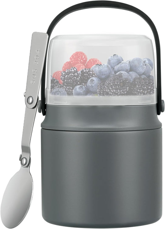 2-in-1 Insulated Food Jar & Snack Container - 15oz Kids Soup Thermos for Hot Food with Handle and Spoon, Leak Proof Reusable Toddler Snack Box, Perfect for School & Travel, Grey