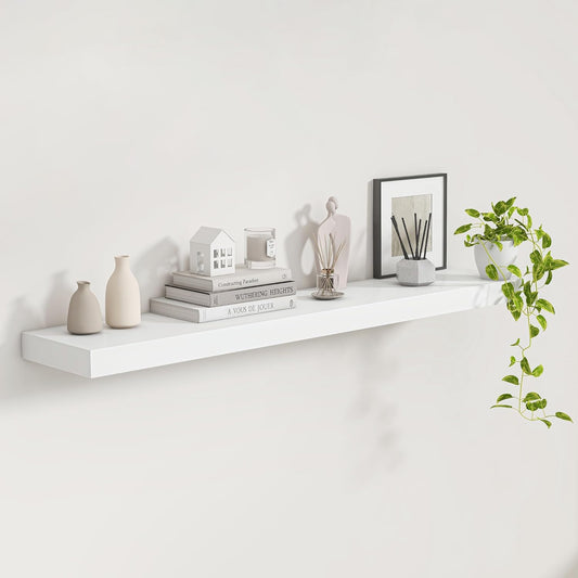 Fun Memories White Floating Shelves 48 InchLong, 9 Inch Deep Floating Shelves, Solid Wood Shelves for Home Decor, Deep Storage & Display Shelves for Living Room, Bathroom, Kitchen, Set of 1