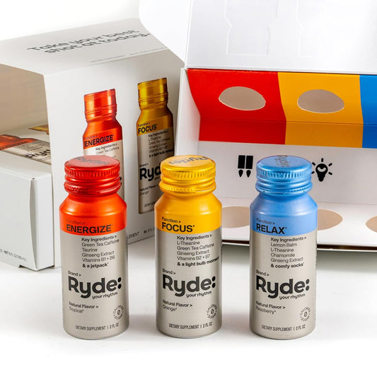 RYDE: Discovery Pack | Energize, Focus & Relax Shots | Green Tea Caffeine, Taurine, Ginseng, B Vitamins, L-Theanine, Lemon Balm, Chamomile | 0 Calories, 0 Sugar | Variety Pack – Try Them All (6 Pack)