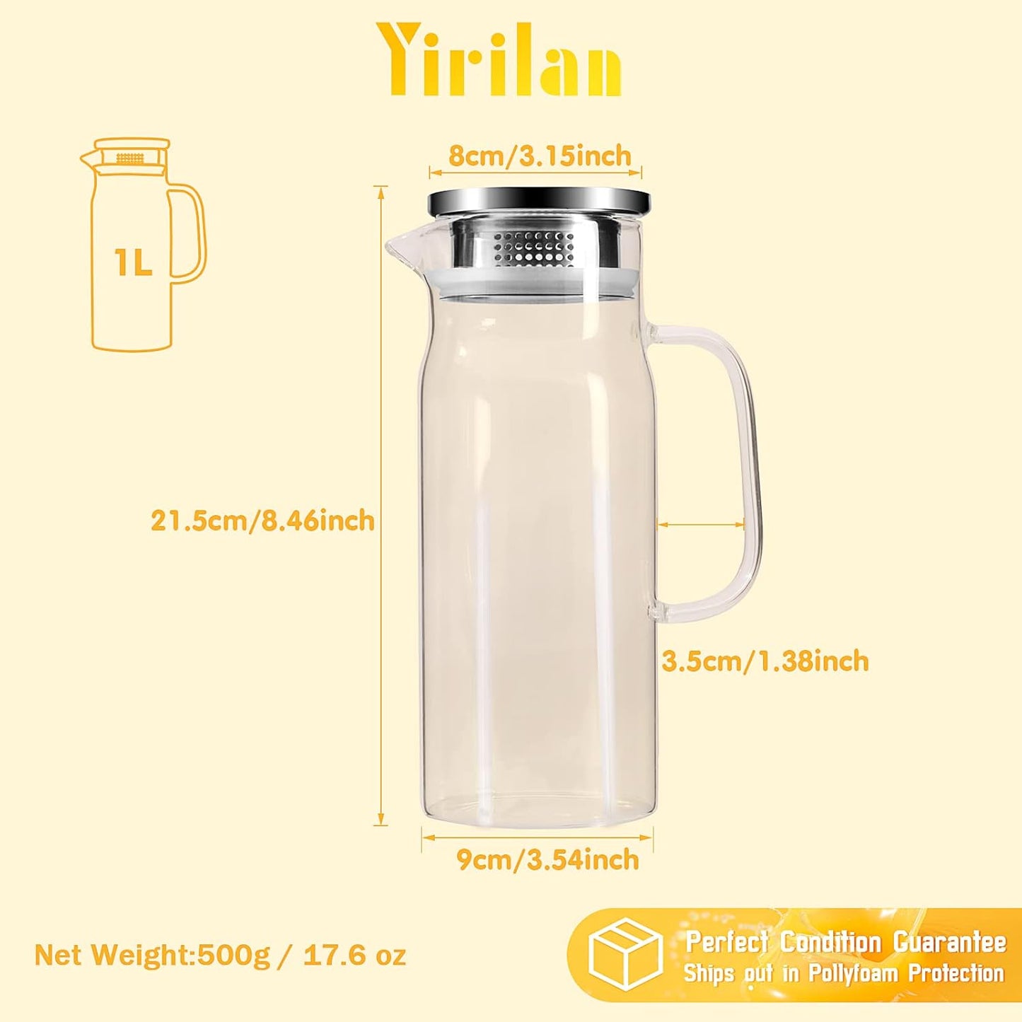 Glass Pitcher, 34 oz / 1 Liter Glass Pitcher with Lid, Glass Water Pitcher, Glass Carafe with Lid