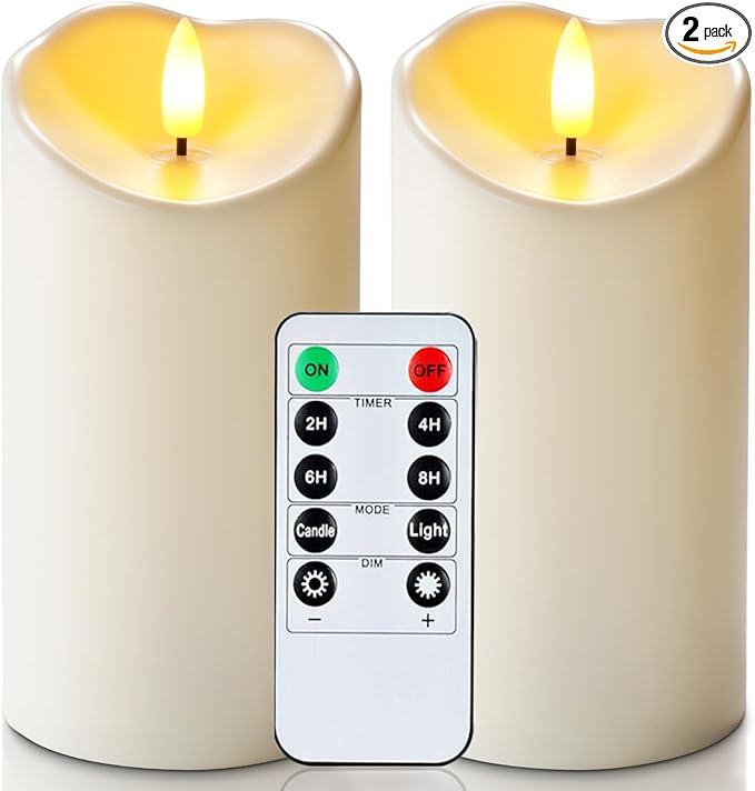 Homemory 6"x3" Outdoor Waterproof Flameless Candles, LED Candles, Battery Operated Candles with Remote and Timers, Electric Fake Plastic Pillar Candles, Ivory White, Set of 2