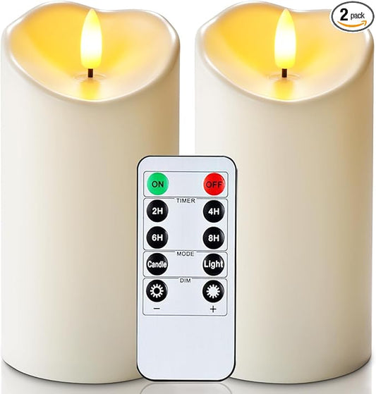 Homemory 6"x3" Outdoor Waterproof Flameless Candles, LED Candles, Battery Operated Candles with Remote and Timers, Electric Fake Plastic Pillar Candles, Ivory White, Set of 2