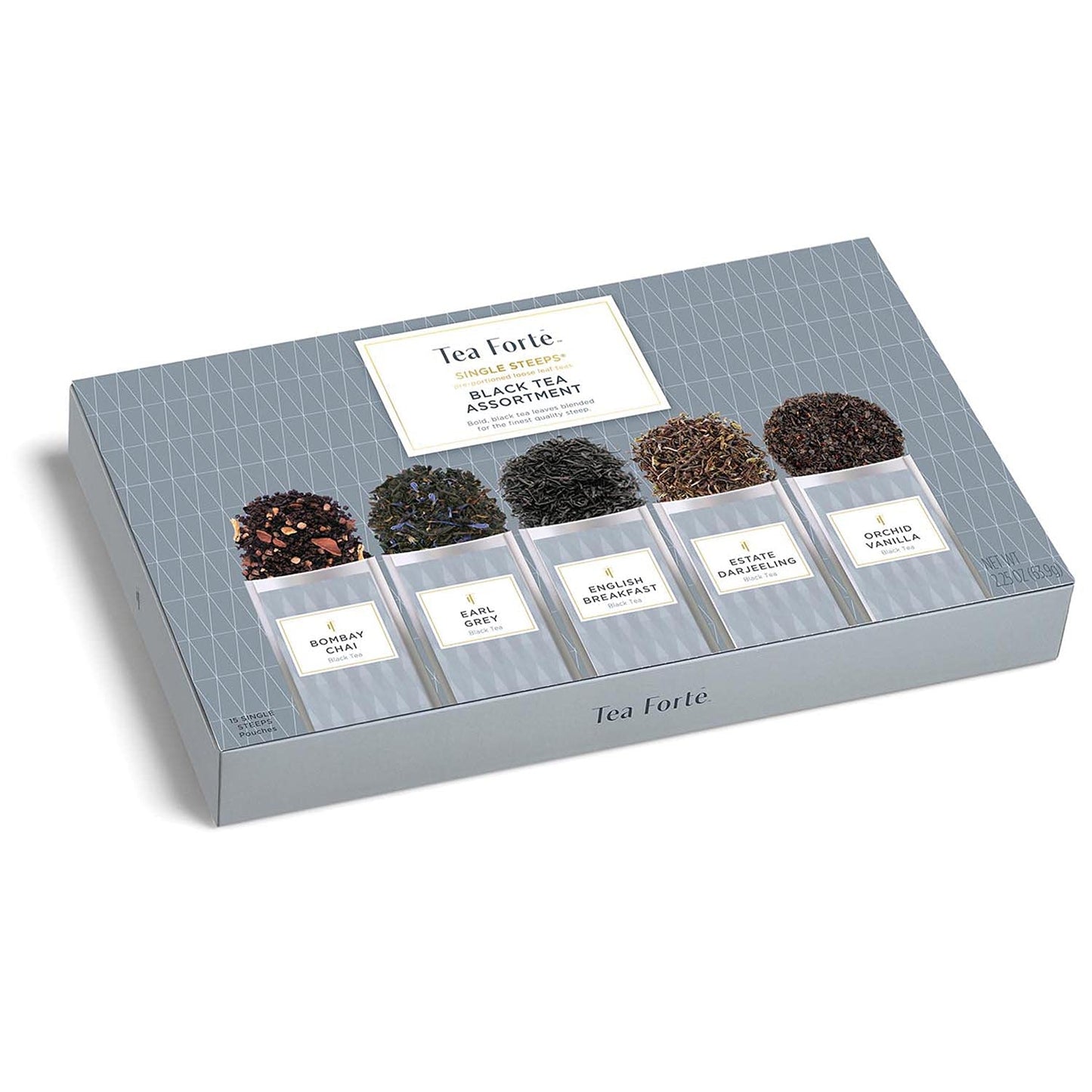 Tea Forte Black Tea Assortment Single Steeps Loose Leaf Premium Tea Gift Set Sampler, 15 Count 3 of Each Assorted Blends, Pre-Portioned Single Serve Pouches, Steeps 12 oz