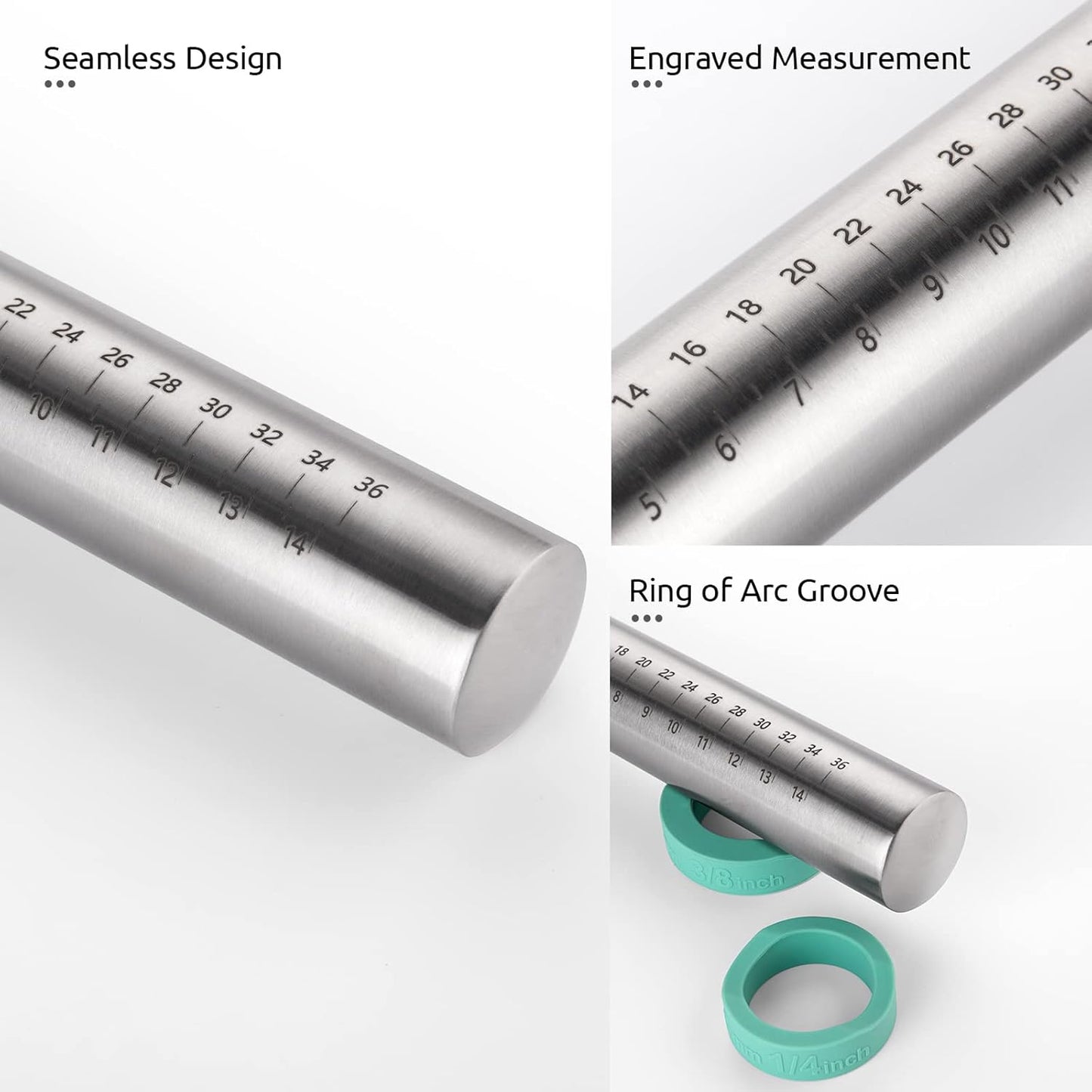 U-Taste 18/8 Stainless Steel 16 inch Adjustable Rolling Pin with Silicone Removable Thickness Rings, Nonstick Kitchen Roller Pin for Baking Cookies Pastry Pizza Pasta Dough Fondant (Teal/Aqua Sky)