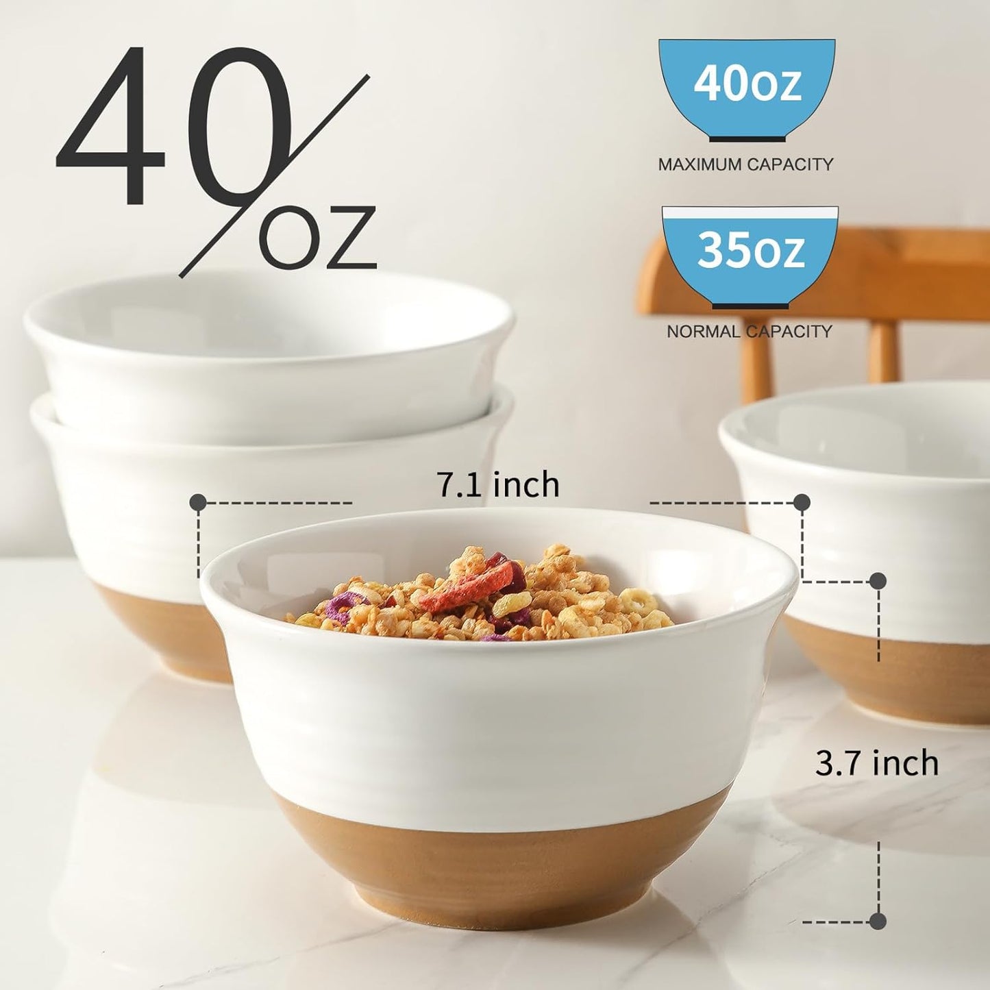 Hasense Soup Bowls, 7 Inch Large Cereal Bowls Set of 4, 40 OZ Ceramic Deep Salad Serving Bowls, Bowls Set for Pasta Pho Ramen Noodle Popcorn, Dishwasher Microwave Safe, White