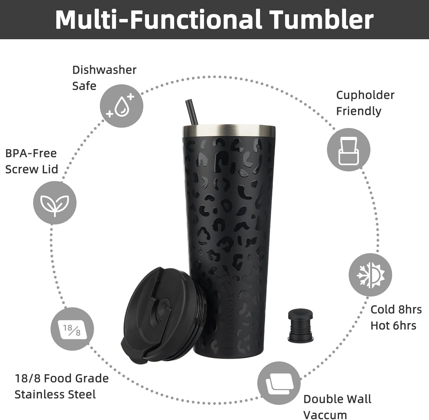 BJPKPK 30oz Insulated Tumbler With lid And Straw Stainless Steel Tumblers Travel Coffee Mug Reusable Thermal Cup,Black Leopard