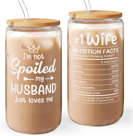 Wife 16 Oz Can Glass Tumbler with Bamboo Lid and Straw - Iced Coffee Cups for Women, Aesthetic Glass Cup Gift for Birthday Christmas Valentine's Day Mother's Day