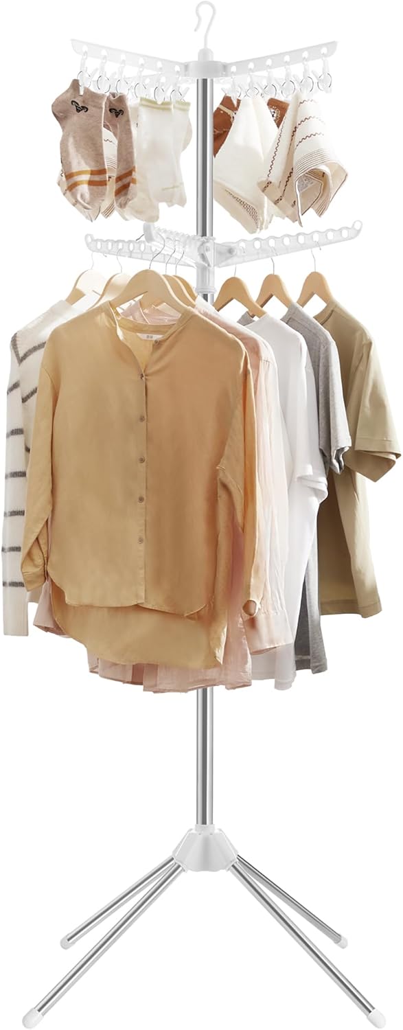 SONGMICS 2-Tier Clothes Drying Rack, 72-Inch Folding Laundry Drying Rack with 3 Rotatable Arms for Hangers, 24 Clips, Stainless Steel, for 27 Pieces of Clothes, White and Silver ULLR512W01