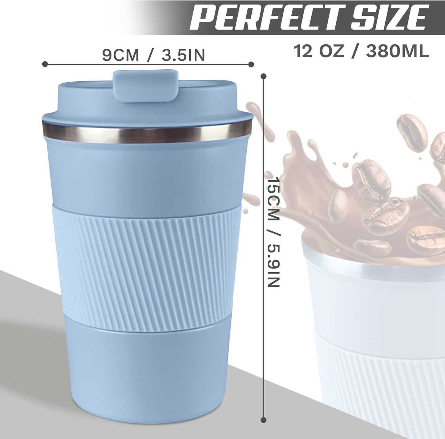 Vacuum-Insulated Stainless Steel Travel Coffee Mug, Leak-Proof Reusable Coffee Cup with Lid - Keep Hot & Cold Drinks for Hours, Durable Thermos Tumbler for Men & Women (3rd-Light Blue, 12OZ)