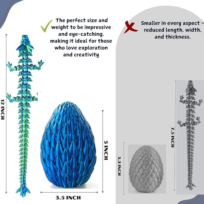 POIVOCF3D Printed 12” Articulated Crystal Dragon Inside 5.1” Egg – Fantasy Collectible, Fidget Toy & Stocking Easter Basket Stuffers for Home & Office Decor (Laser Blue)