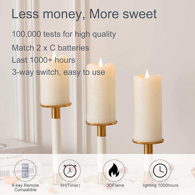 Flickering Flameless Candles with 3D Moving Flame Set of 3(H 5" 6" 7" x D 3"), Last 1000+ Hours Battery Operated Candles with Remote Timer, Ivory Real Wax Electric LED Pillar Candles