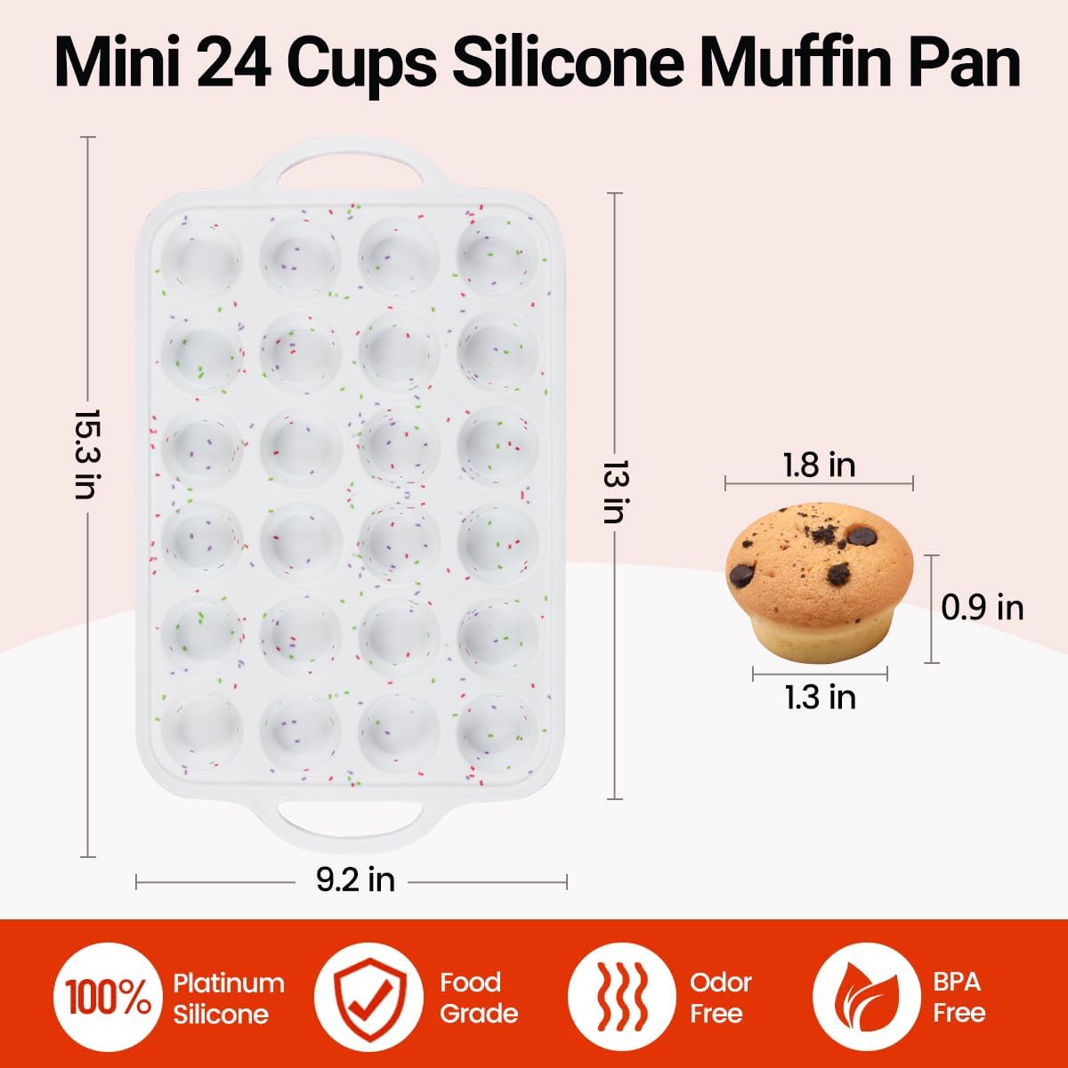 CAKETIME Mini Muffin Pan,Metal Reinforced Frame Silicone Cupcake Pan，Easy To Handle Nonstick 24 Cups Small Muffin Pan, White