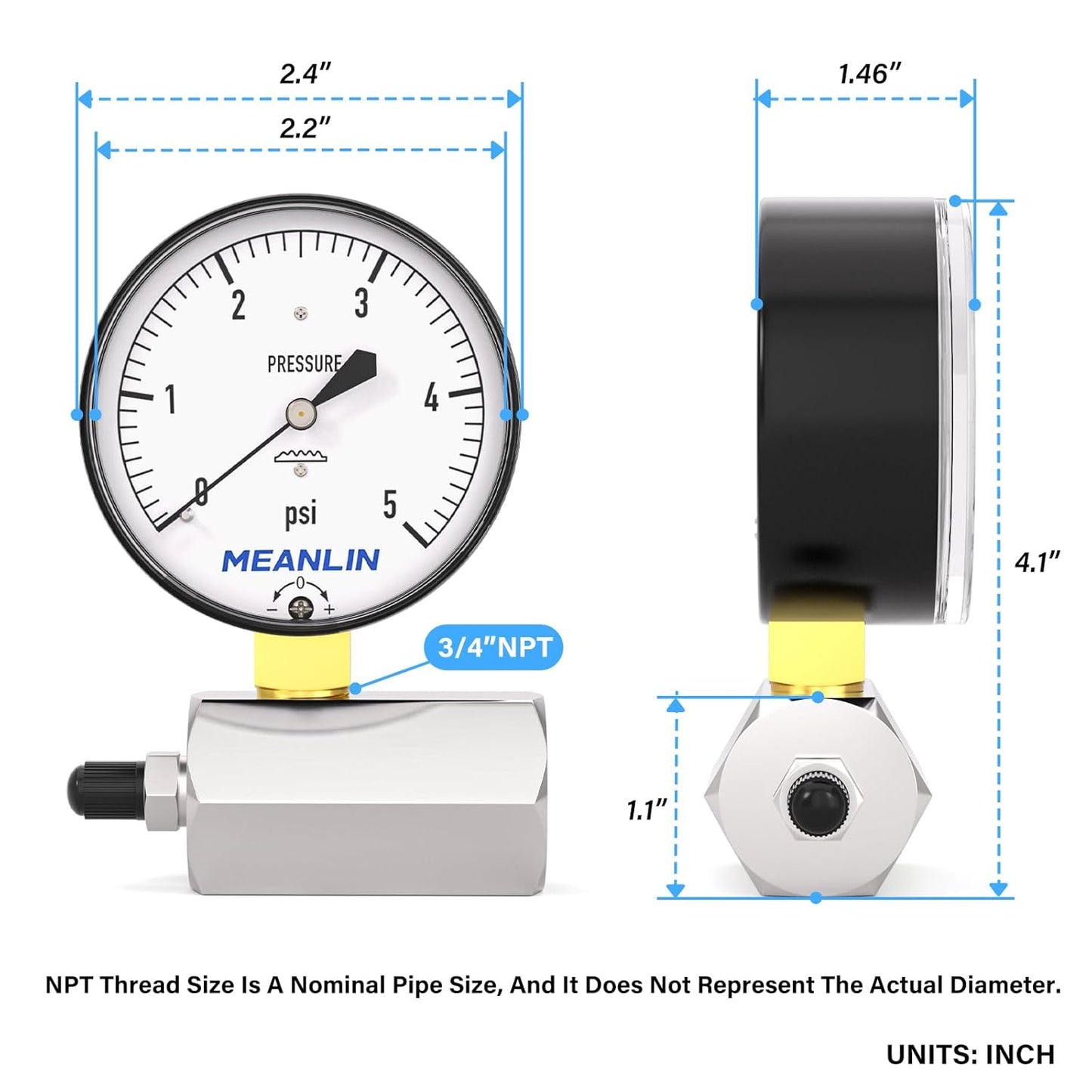 MEANLIN MEASURE 0-5Psi Diaphragm Type Capsule Low Pressure Gauge with 3/4" FNPT Connection Valve, 2-1/2" FACE DIAL Adjustable Air Test Pressure Gauge
