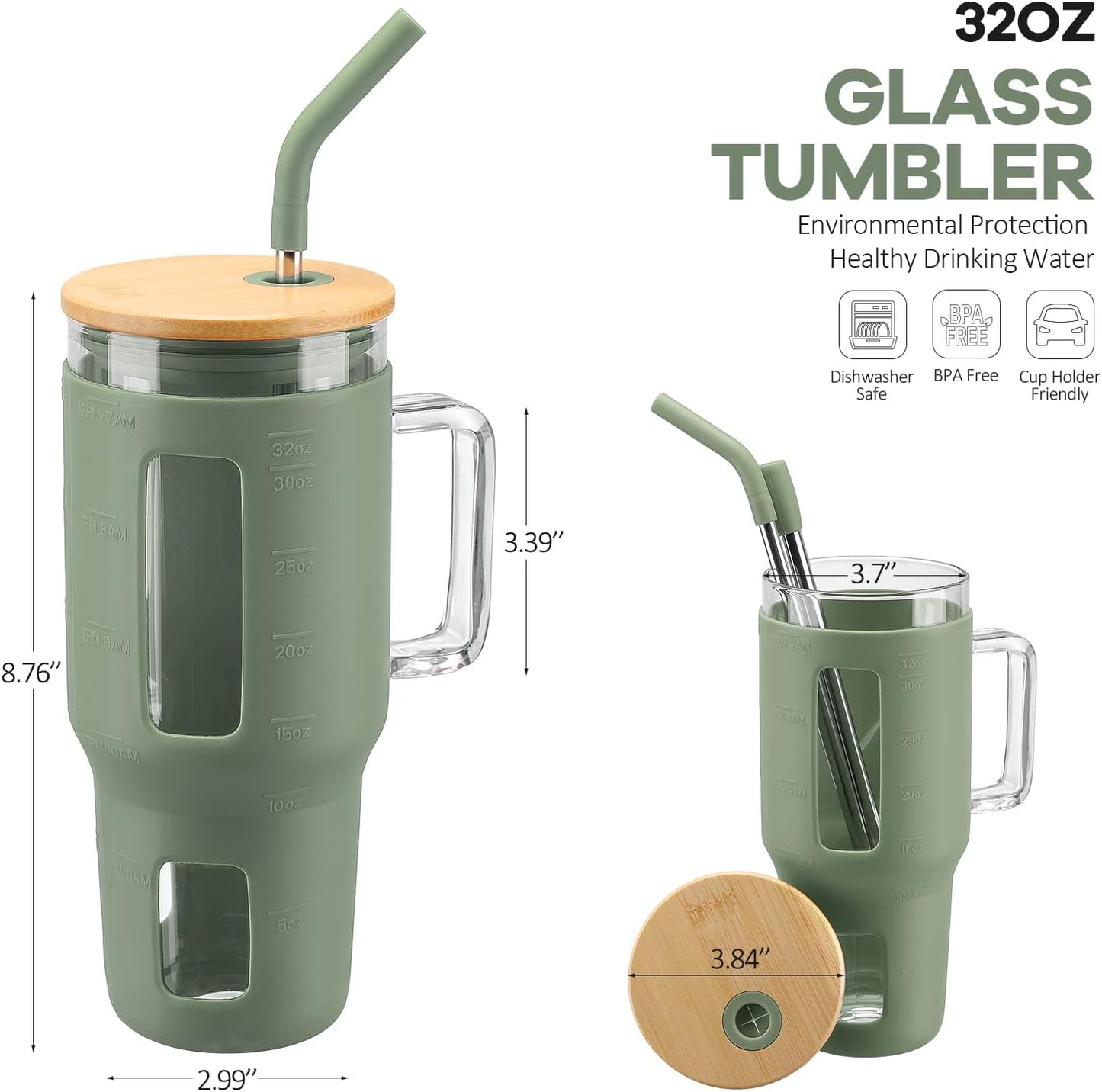 Kodrine Glass Tumbler with Straw and Lid-32oz Glass Tumbler with Handle and Bamboo Lid, Iced Coffee Cup For Smoothie, Water Cups with Time Marker Fits in Cup Holder, Olive