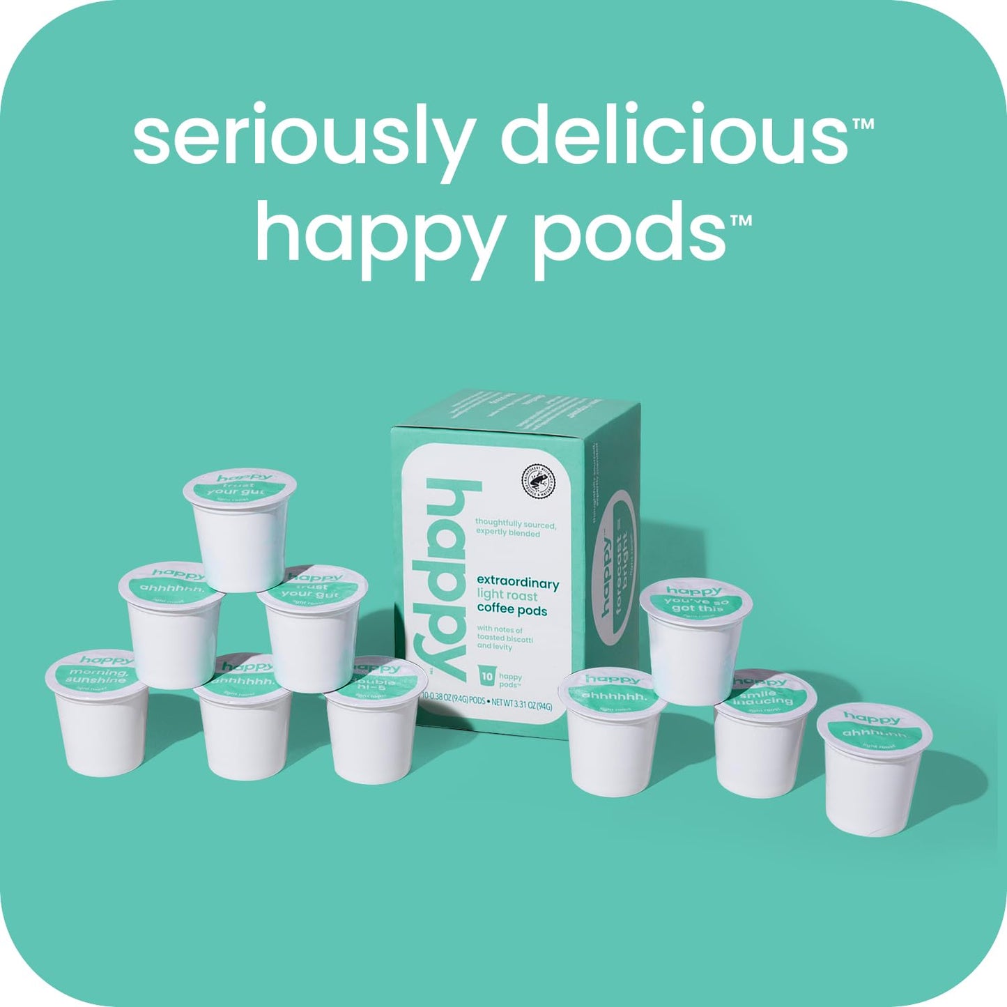 happy coffee light roast coffee pods, 10 count, notes of toasted biscotti and levity, compatible with most K-cup brewers, rainforest alliance certified