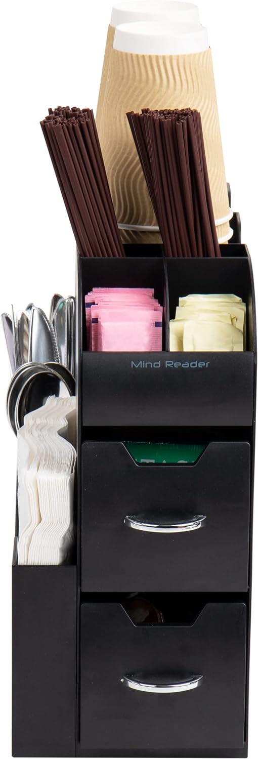 Mind Reader Cup and Condiment Station, Countertop Organizer, Coffee Bar, Kitchen, Stirrers, 5.35"W x 11.25"L x 11.15"H, Black