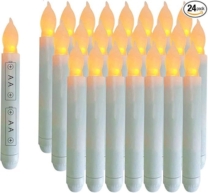 Pack of 24 Flameless Taper LED Candles - Battery Operated Flickering Ivory - Perfect for Wedding, Christmas, Parties - 6.5 Inch - White Plastic