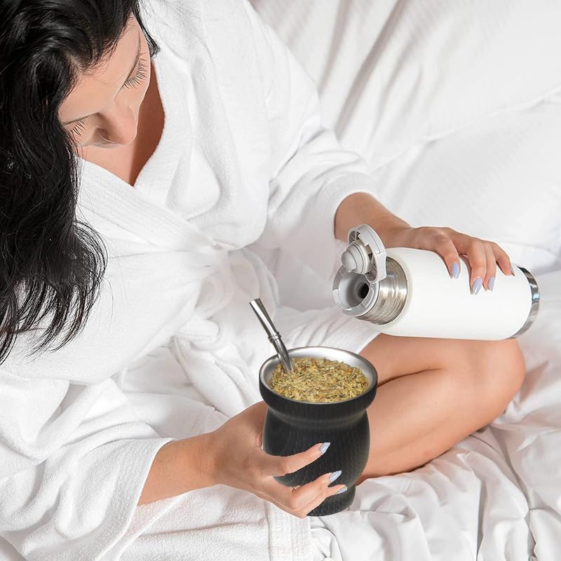 Beruth Bombilla Yerba Mate Gourd, 8oz Stainless Steel Tea Cup Set with a Multifunctional Lid, Two Straws and Cleaning Brushes, Double Walled Coffee Mug Heat Insulation Anti Scalding (Water Ripples)