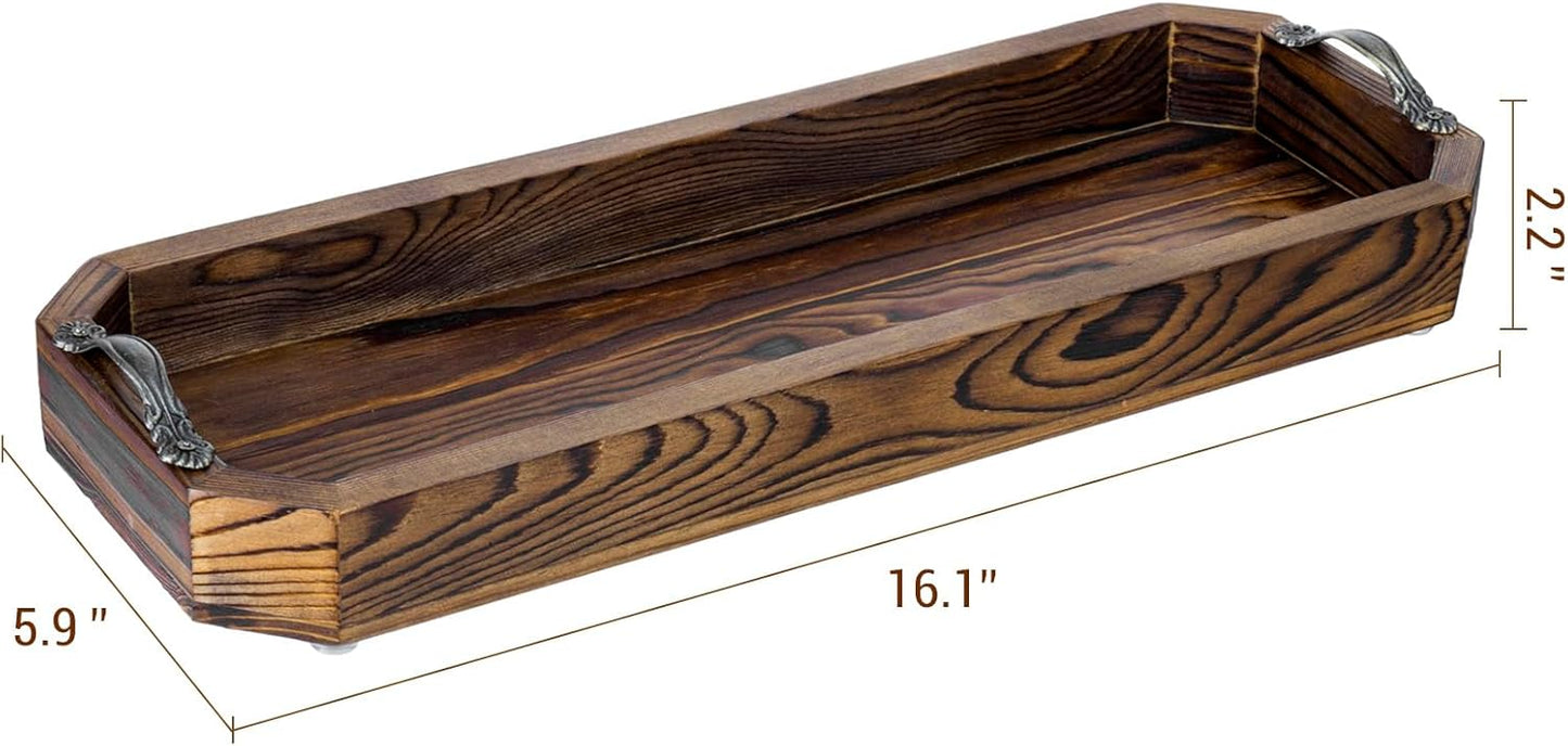 MyGift Wooden Vanity Tray, Rustic Burnt Solid Wood Toilet Tank Tray - Decorative Octagonal Cosmetic Organizer with Antique Metal Handles