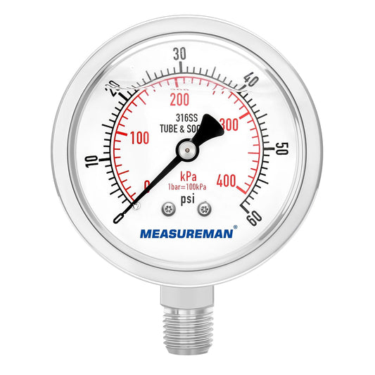 MEASUREMAN Fully Stainless Steel Hydraulic Glycerin Filled Pressure Gauge, 2-1/2" Dial Size, 1/4" NPT Lower Mount, 0-60psi/kpa