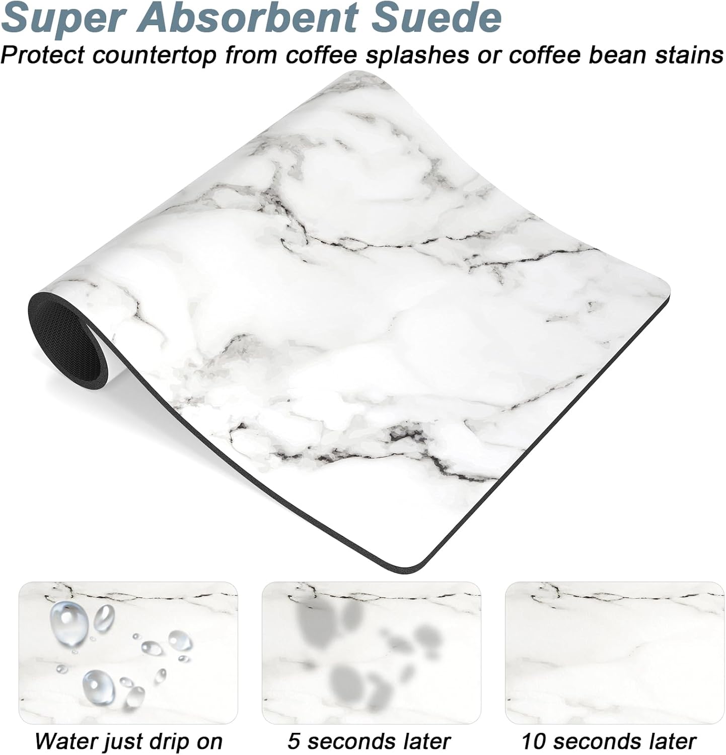 Rnivvi Coffee Mat, 12" x 19" Cute Marble Style Coffee Bar Mats for Espresso Machine Station Accessories and Organizer, Hide Stain Rubber Backed Absorbent Dish Drying Pad for Kitchen Counter, White