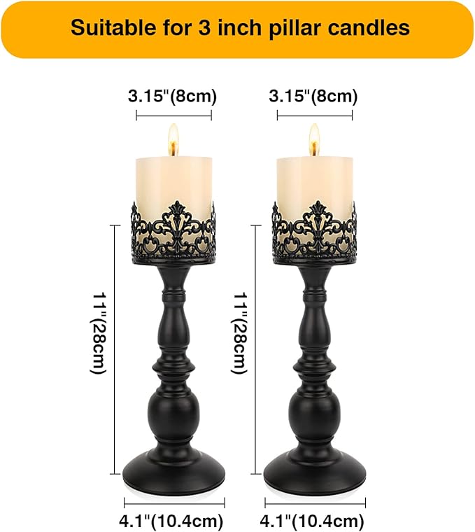 Candle Holders for Pillar Candles Gothic Matte Black Vintage Tall Candle Holders Set of 2 Decorative Large Table Centerpieces Candle Stand Decor (Black 2PCS A)