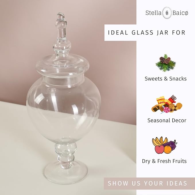 Large Glass Apothecary Jars with Lid, Clear Glass Candy Jar for Candy Buffet, Decorative Glass Jar for Party, Wedding and Home Decor, Elegant Glass Candy Canister (Height: 15", Diameter: 6.3")